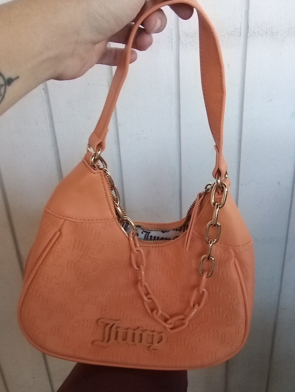 Juicy Couture Coral-Orange Shoulder Bag with Gold Chain Detail